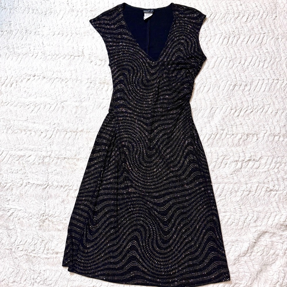 Black & Gold Glitter Wavy Pattern V-Neck A-Line Cocktail Midi Dress Y2K grail